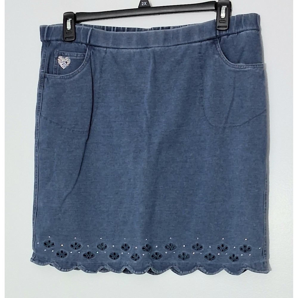 Dream Jeannes Quacker Factory Skort* Womens Size M Blue Scalloped Hem Rhinestone